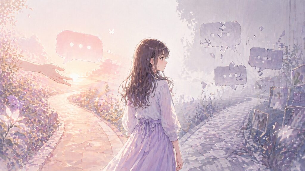 音信不通の彼氏を待つか離れるかで迷い、分かれ道に立つ女性のイラスト