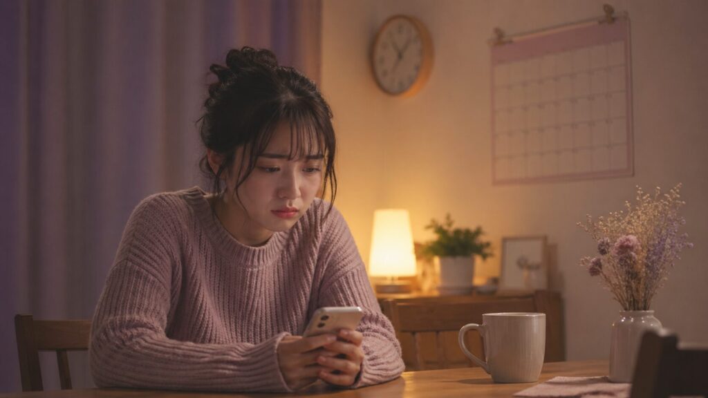 部屋の中でスマートフォンを見つめながら不安そうな表情を浮かべる女性を描いた、自衛隊彼氏との連絡の不安を表す画像