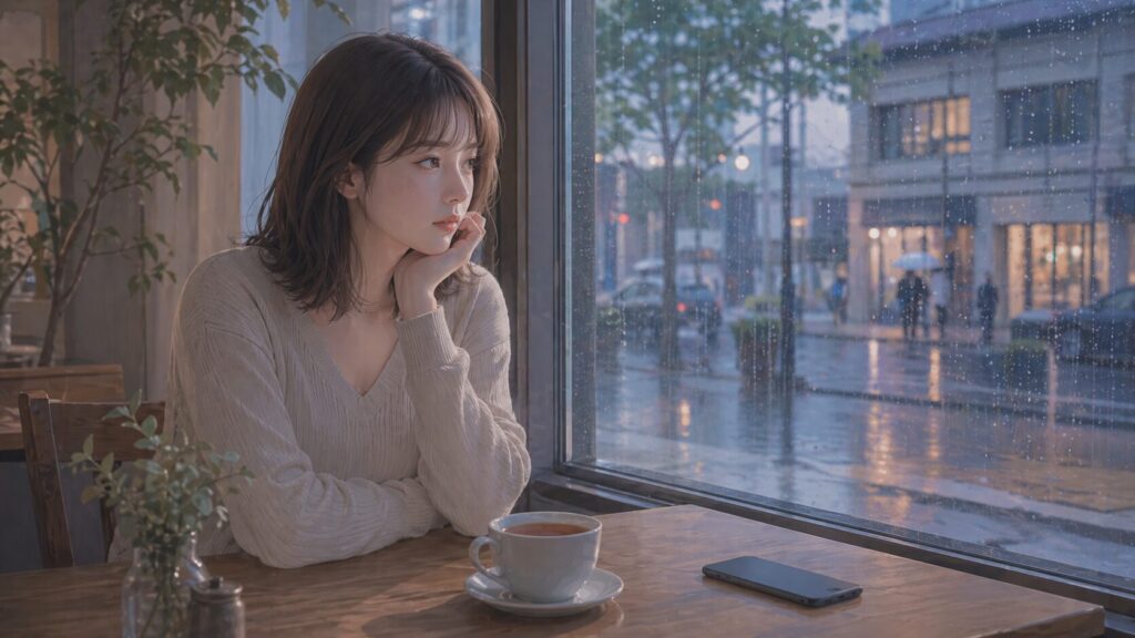 カフェの窓辺でスマホを伏せ、彼氏の連絡頻度ではなく態度を見極めようとする女性のイラスト