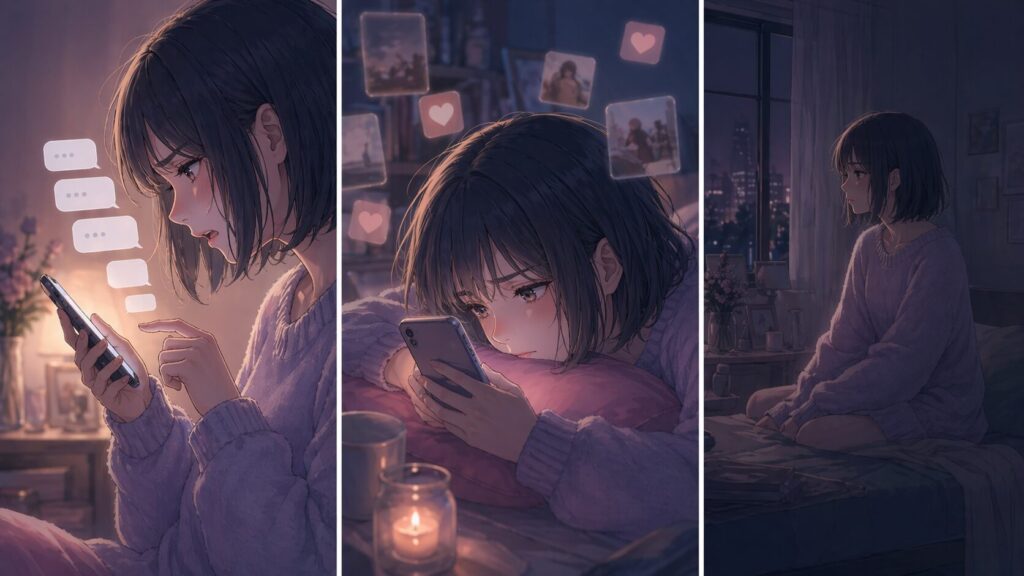 追撃LINEやSNS監視、生活の停止など恋愛で避けたい行動を表したイメージ