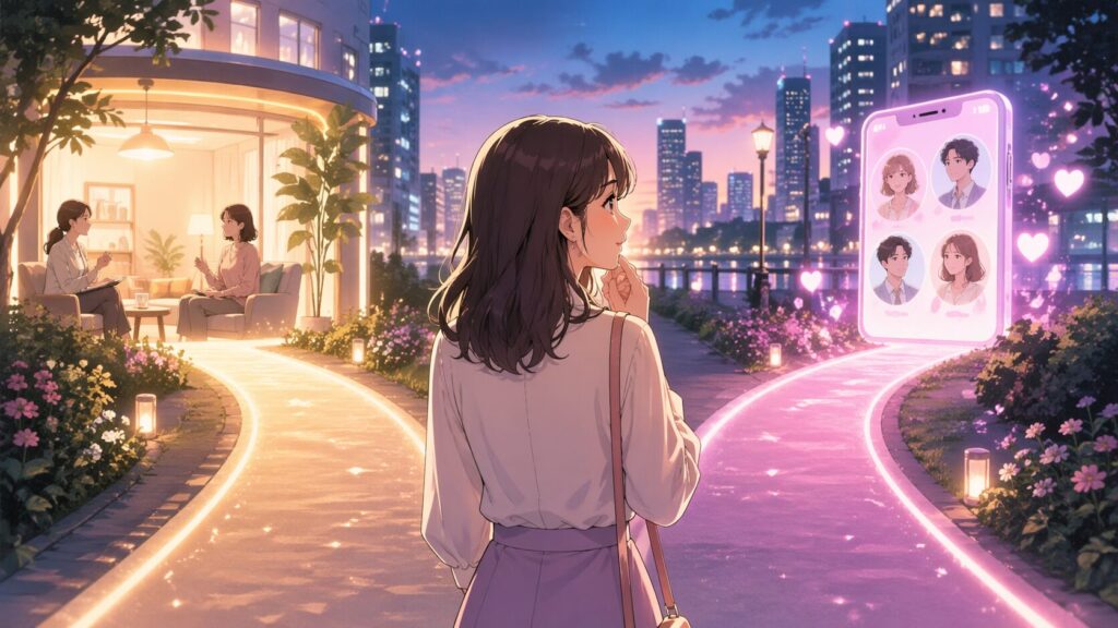 相談の道と新しい出会いの道の前でこれからの選択を考える女性