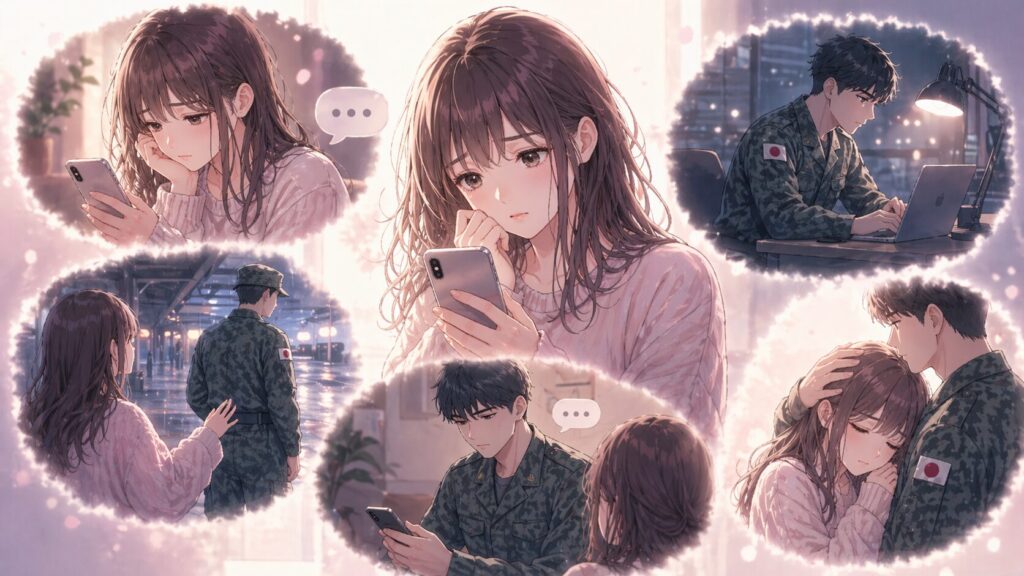 自衛隊の彼氏との恋愛で感じやすい5つの違和感をコラージュで表現した女性向けイラスト