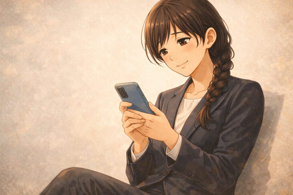 スーツを着た三つ編みの女性がスマートフォンを眺めています