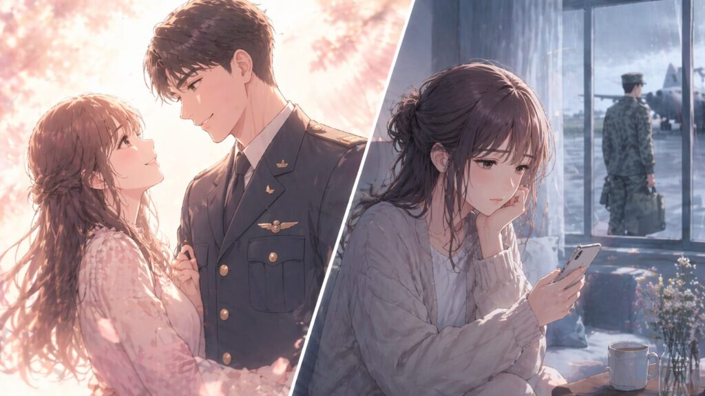 自衛隊の彼氏への理想と、付き合った後の現実のギャップを対比したイラスト