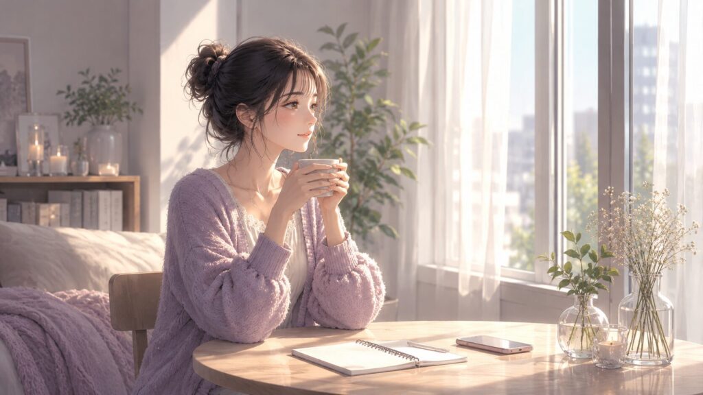 明るい窓辺でスマホを置き、落ち着いて自分の時間を取り戻す女性