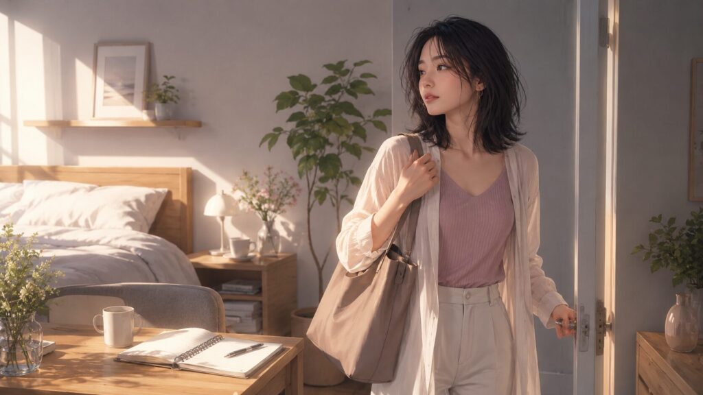 朝の部屋でバッグを持ち、ノートを残して外へ出ようとする女性