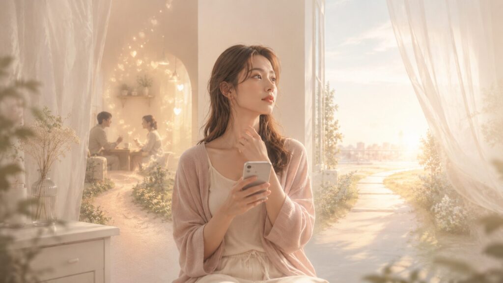 この恋を整えるか選び直すかを考えながら、朝の光の中でスマホを見つめる女性
