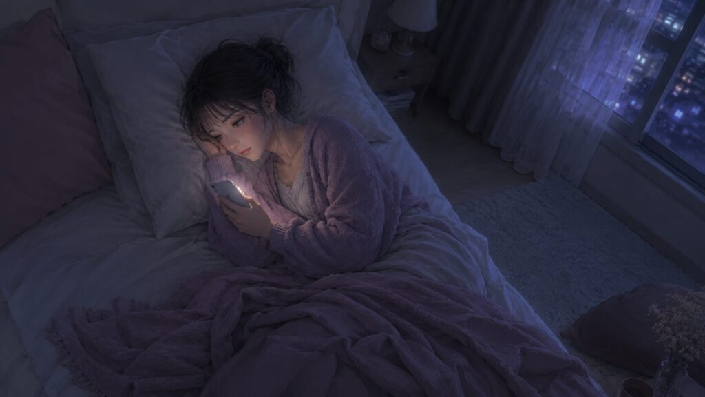 夜のベッドでスマホを握りしめ、彼氏から連絡がこない不安に眠れなくなる女性
