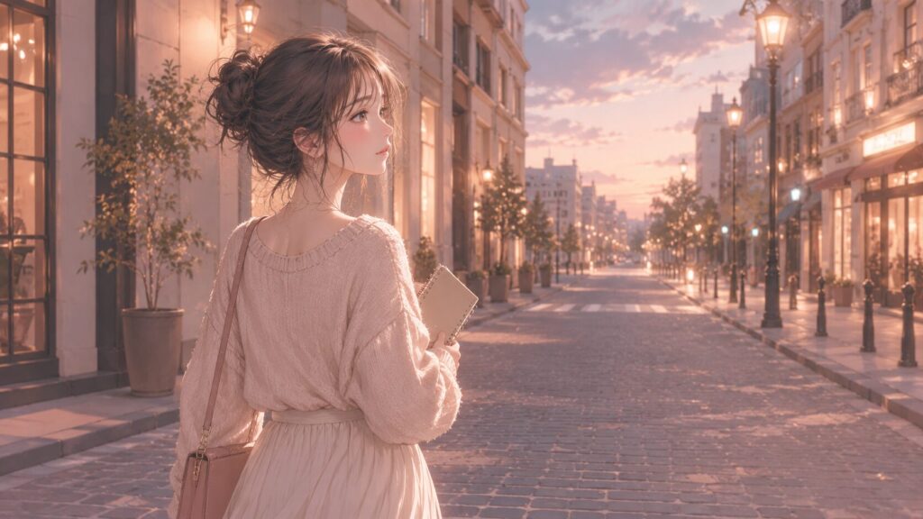 好きバレ後の関係をどう進めるか考えながら、夕暮れの街を前向きに歩き出す女性のイラスト