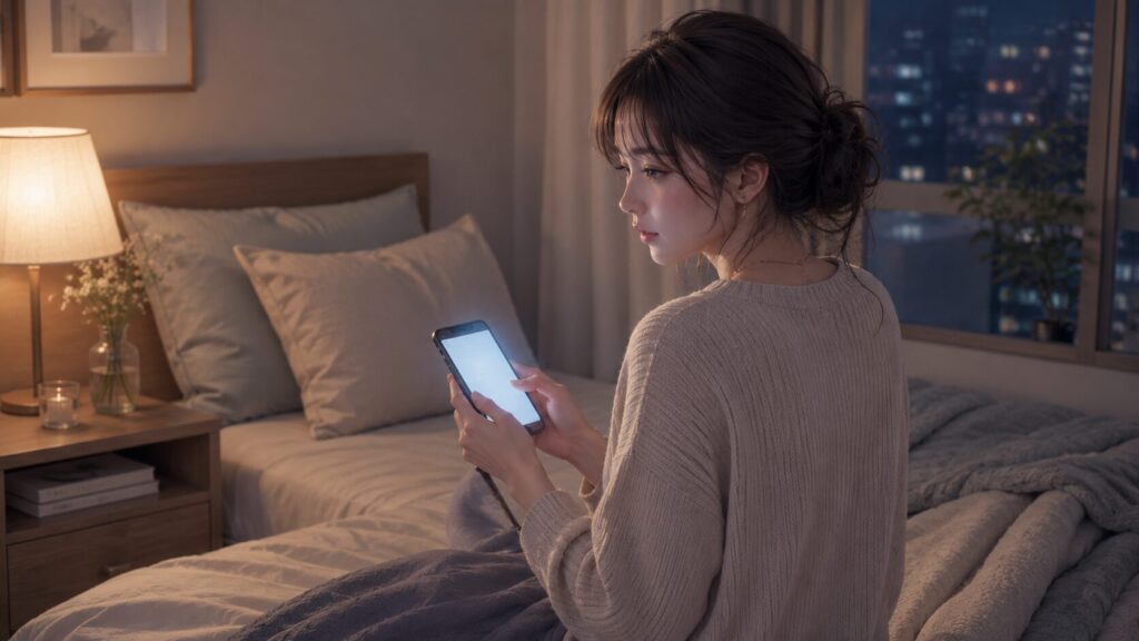 夜のベッドサイドで、彼氏に送るメッセージを落ち着いて考える女性のイラスト