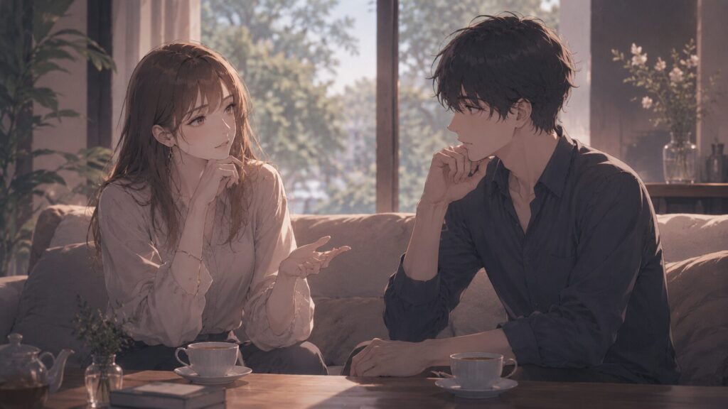 カフェで穏やかに向き合い、本音を確認し合う男女のイラスト