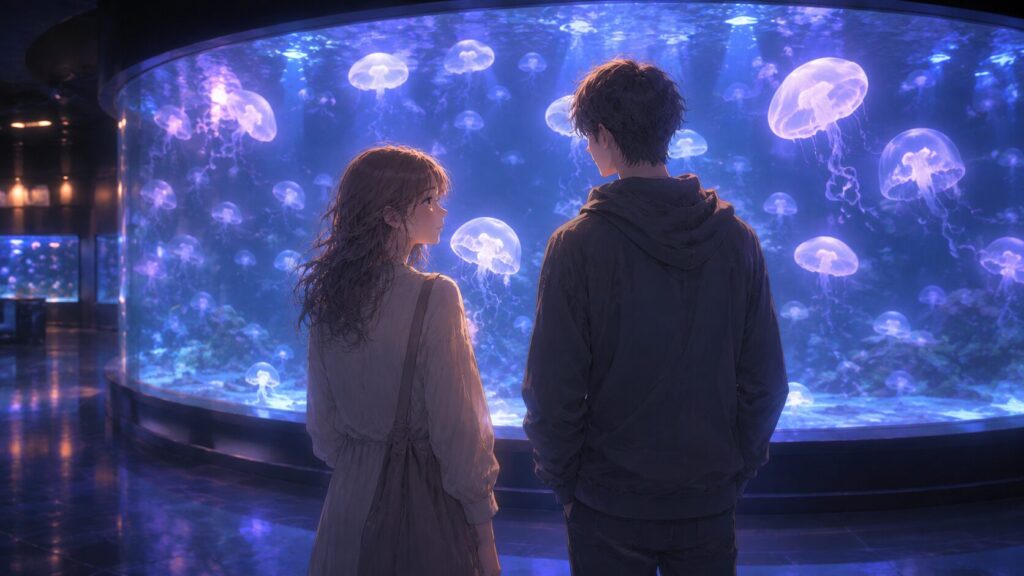 水族館のクラゲ水槽の前で並ぶ男女。非日常の高揚感と恋愛感情の揺らぎを表したイラスト