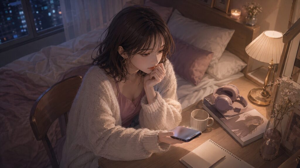 夜の部屋でスマホの返信に悩み、好きな人に文体を合わせすぎて不安になっている女性のイラスト