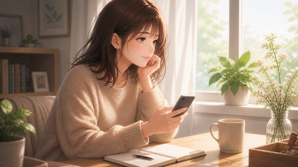 彼氏に既読無視されたあと、責めずに気持ちを伝えるLINE文面を落ち着いて考える女性のイラスト