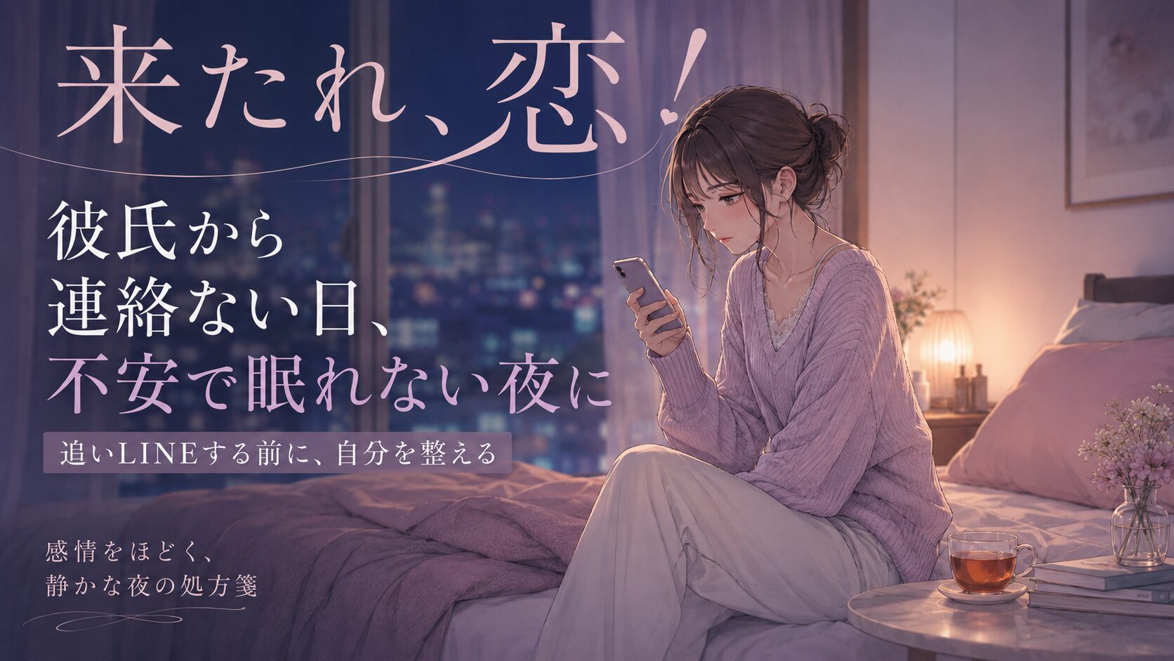 彼氏から連絡ない日、不安で眠れない夜にスマホを見つめる女性の雑誌風アイキャッチ画像