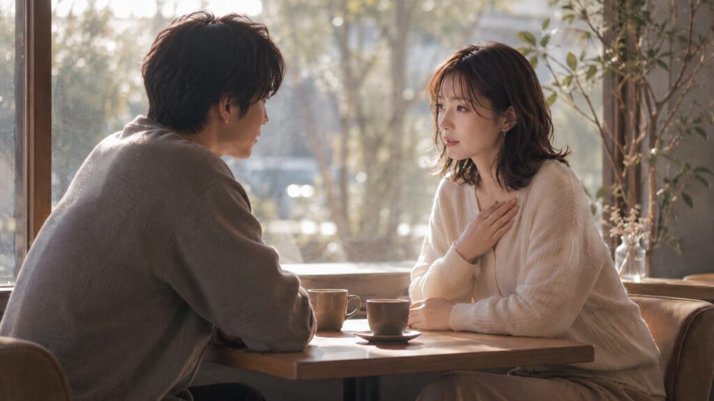 カフェで彼氏を責めずに自分の気持ちを伝え、重くならない話し合いをする女性