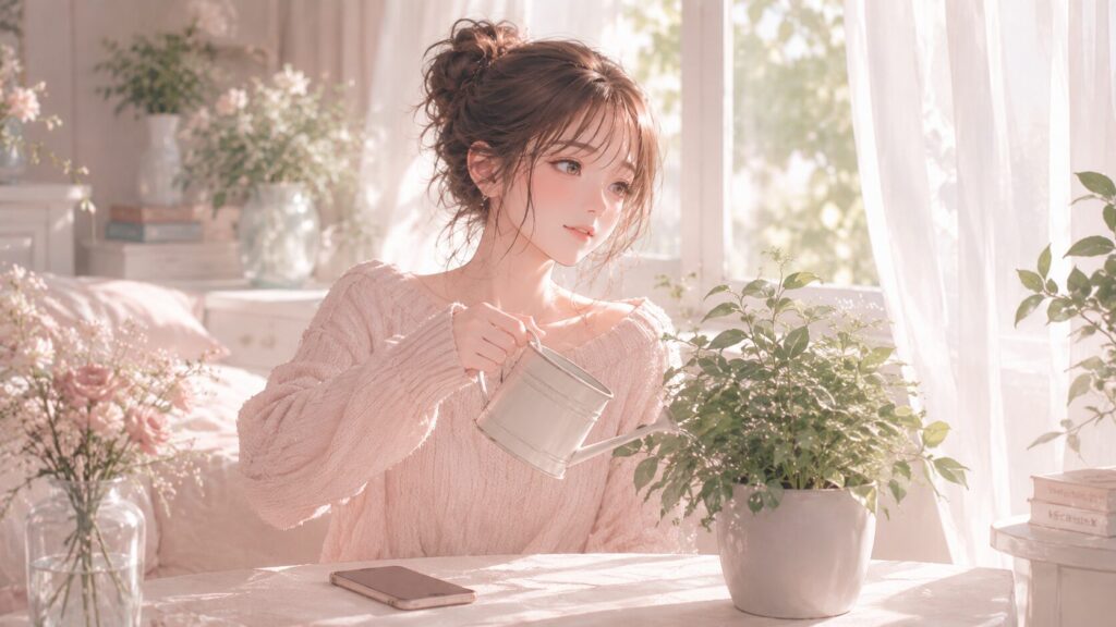 好きバレ後も相手に依存せず、自分の生活を大切にする女性が朝の窓辺で植物に水をあげるイラスト