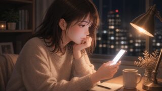 彼氏からの返信を待ちながら、夜の部屋でスマホを見つめる女性のイラスト