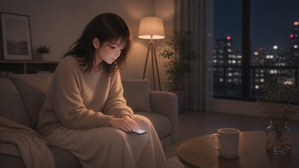 彼氏が既読無視する心理を考えながら、夜の部屋でスマホを膝に置いて不安になる女性のイラスト