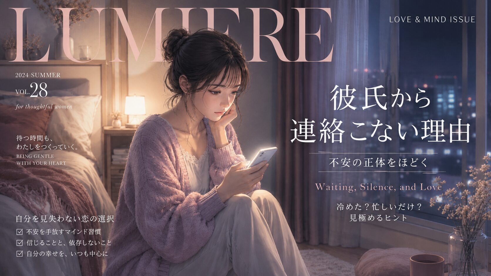 彼氏から連絡こない理由がわからず、夜の部屋でスマホを見つめながら不安を抱える女性