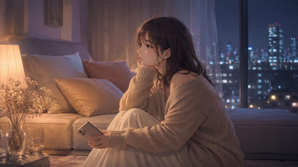 彼氏から連絡がない理由を考えすぎて、不安が膨らんでいく女性の横顔イラスト