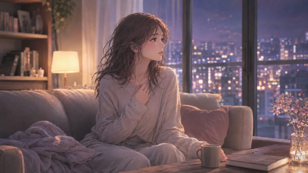 夜景の見える部屋で胸元に手を当て、自分のドキドキの正体を考える女性のイラスト