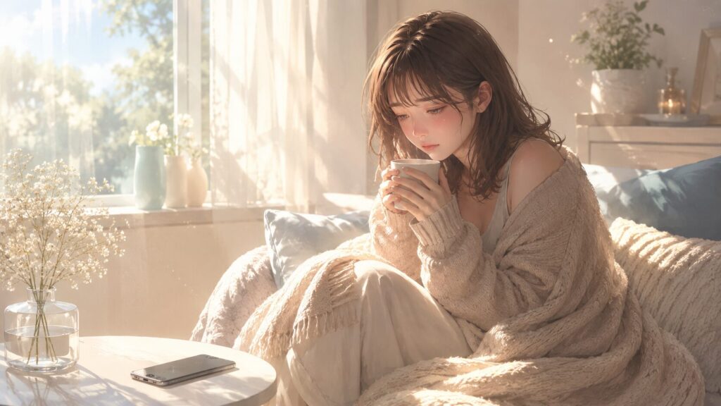 恋愛不安が強い朝に、スマホから離れて心を落ち着ける女性のイラスト