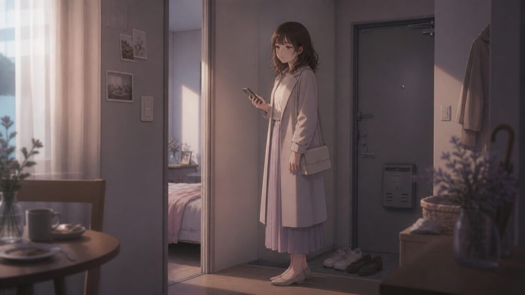 自衛隊の彼氏と会う予定がなくなり、出かける準備をしたまま玄関でスマホを見る女性のイラスト