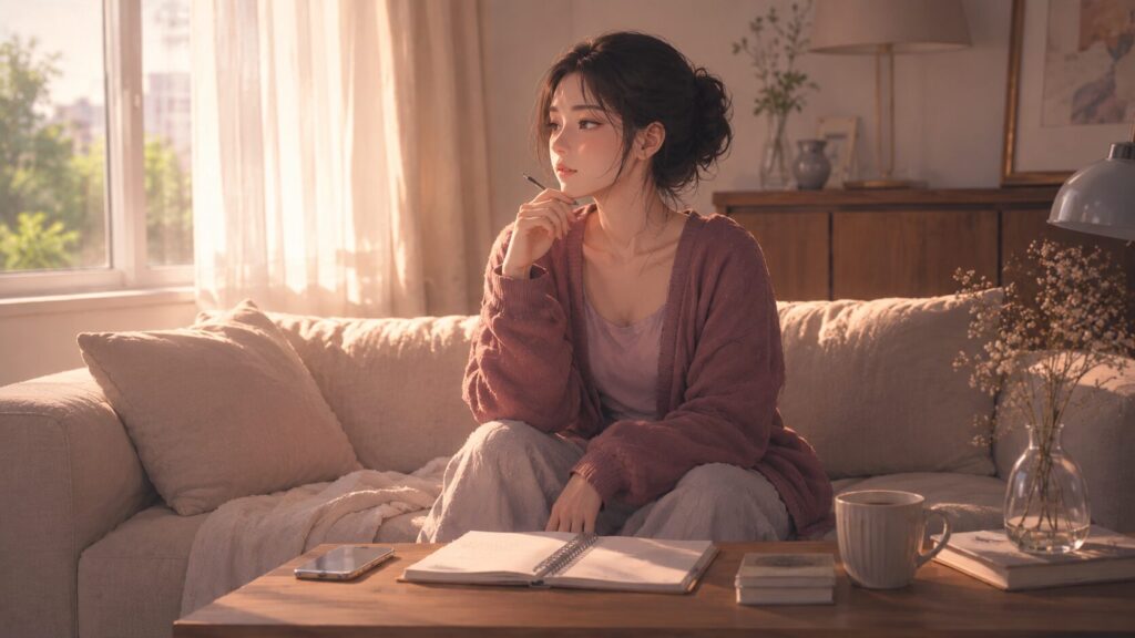 明るい部屋でノートを開き、恋愛の状況を落ち着いて確認する女性