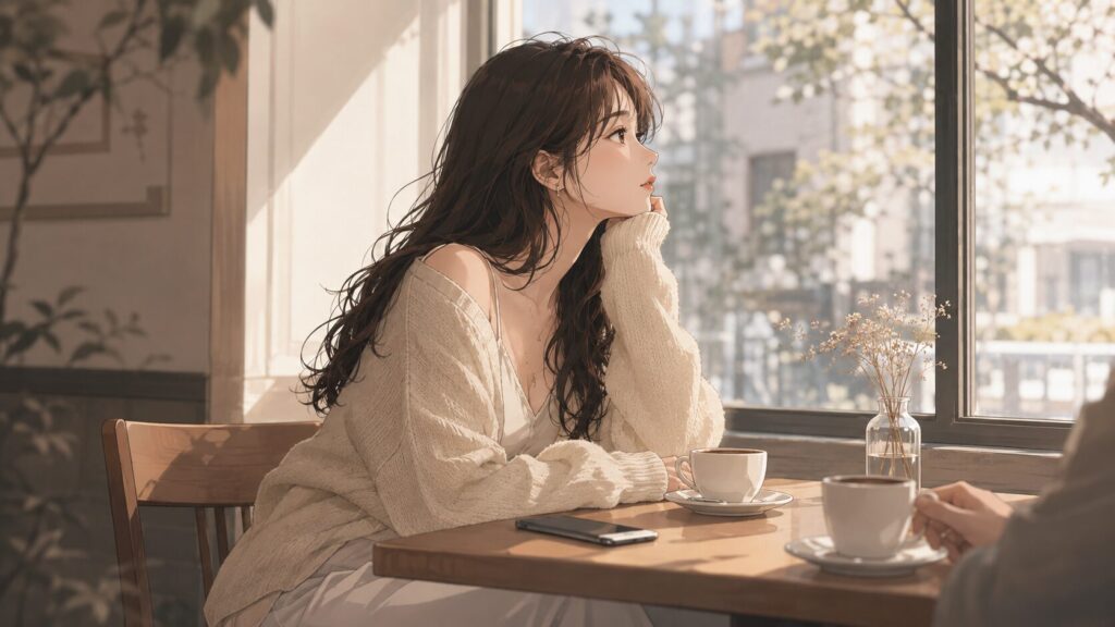 恋人とカフェにいても以前ほど胸が弾まず、恋愛感情の変化に戸惑う女性の横顔イラスト