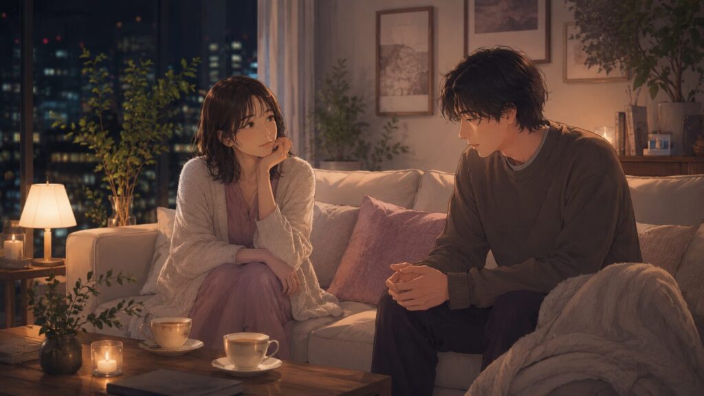 夜のリビングで疲れた相手の話を静かに受け止め、恋愛で感情の温度を合わせている女性のイラスト