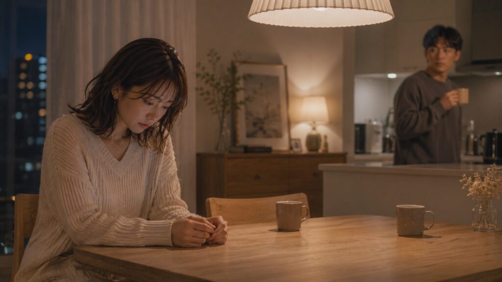彼氏が近くにいるのに不満を伝えるのが怖く、テーブルの前で言葉を飲み込む女性