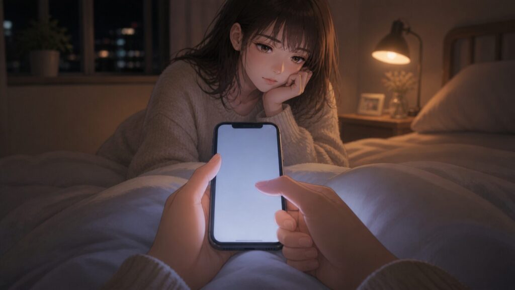 彼氏に既読無視され、不安から追いLINEを送ろうとして踏みとどまる女性のイラスト