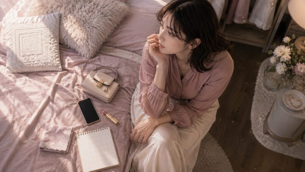 デート前の部屋で持ち物を整えながら、好きな人や彼氏との距離感を考えている女性のイラスト