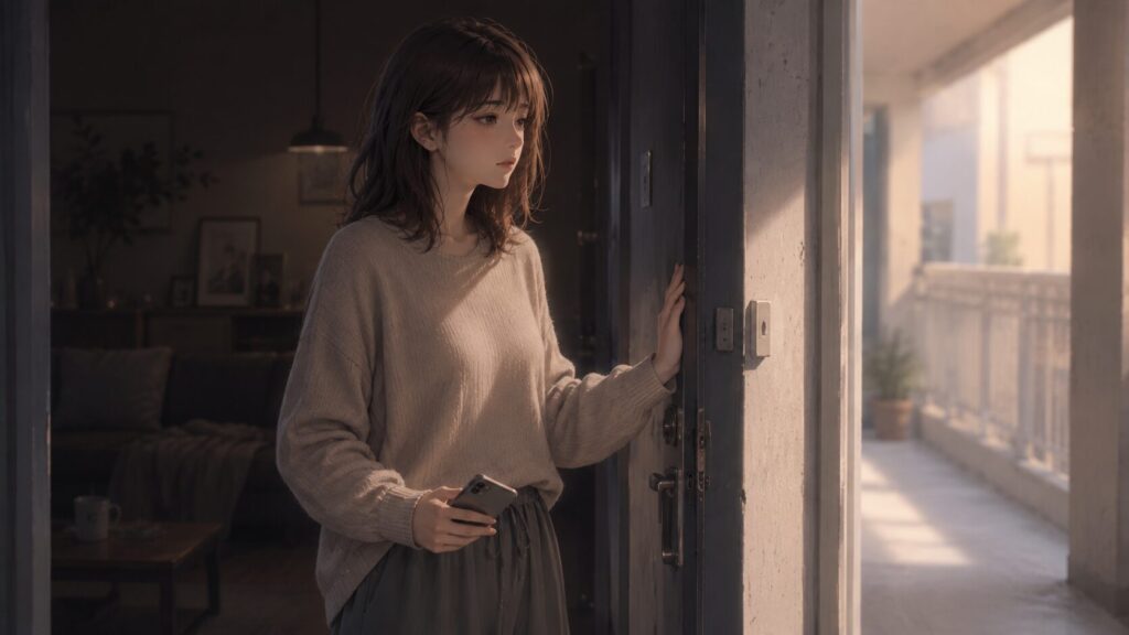 朝の玄関でスマホを手に立ち、彼氏を待つか離れるかを静かに考える女性