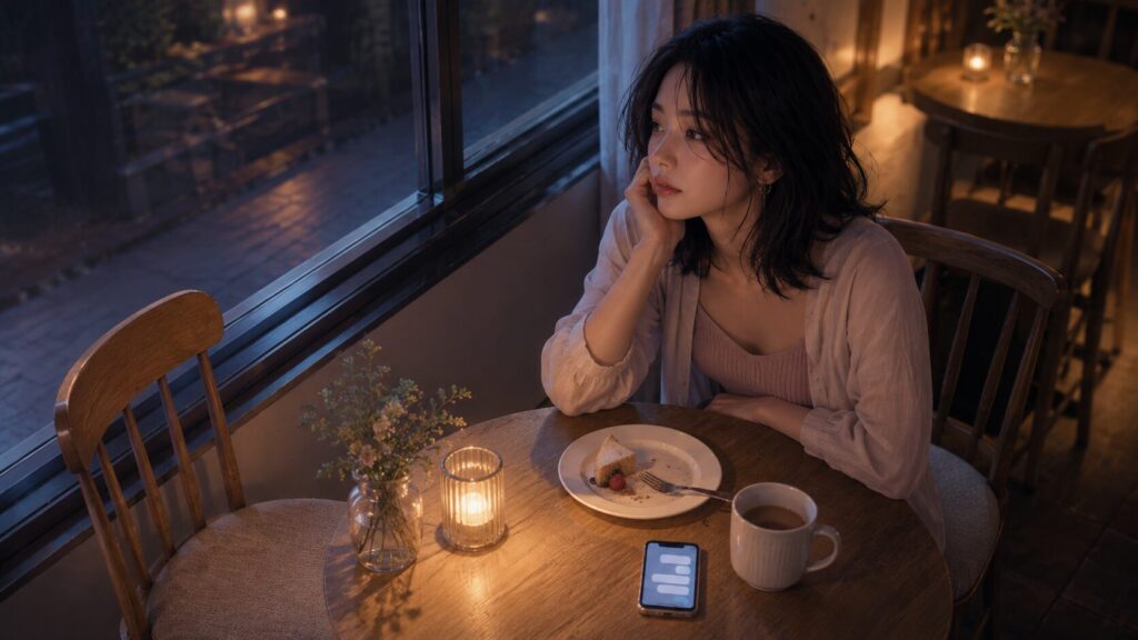 カフェの窓辺でスマートフォンを置いたまま、終わらなかった会話を思い返す女性