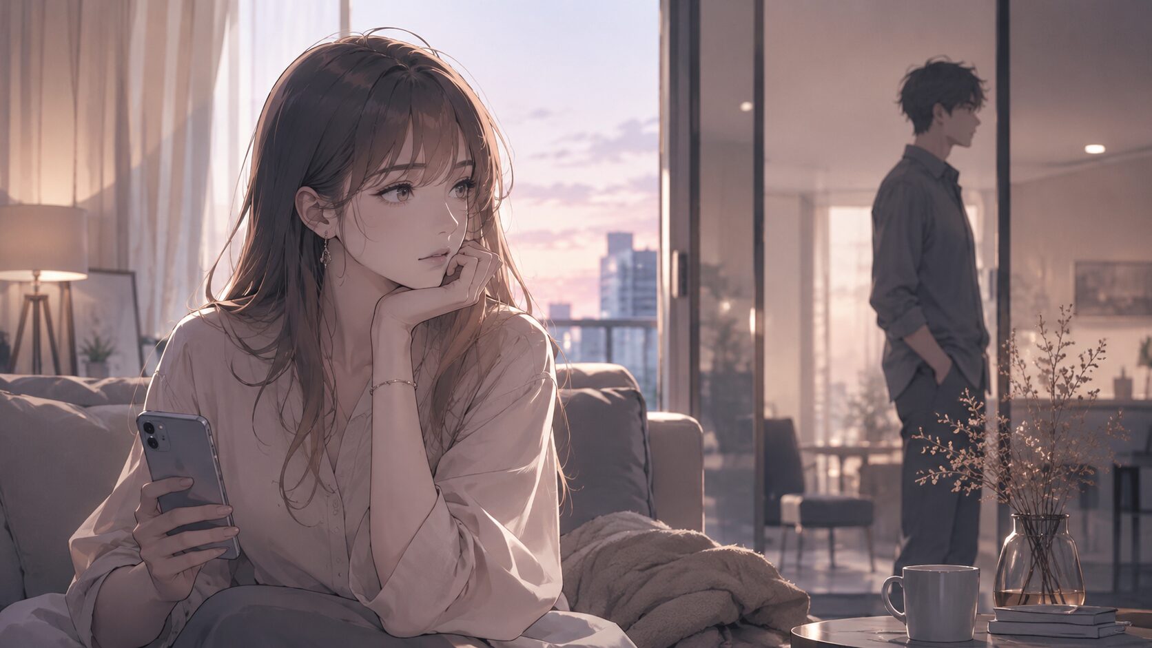 男性心理の本音を知りたい女性が、スマホを手に彼の行動とのズレを考えているイラスト