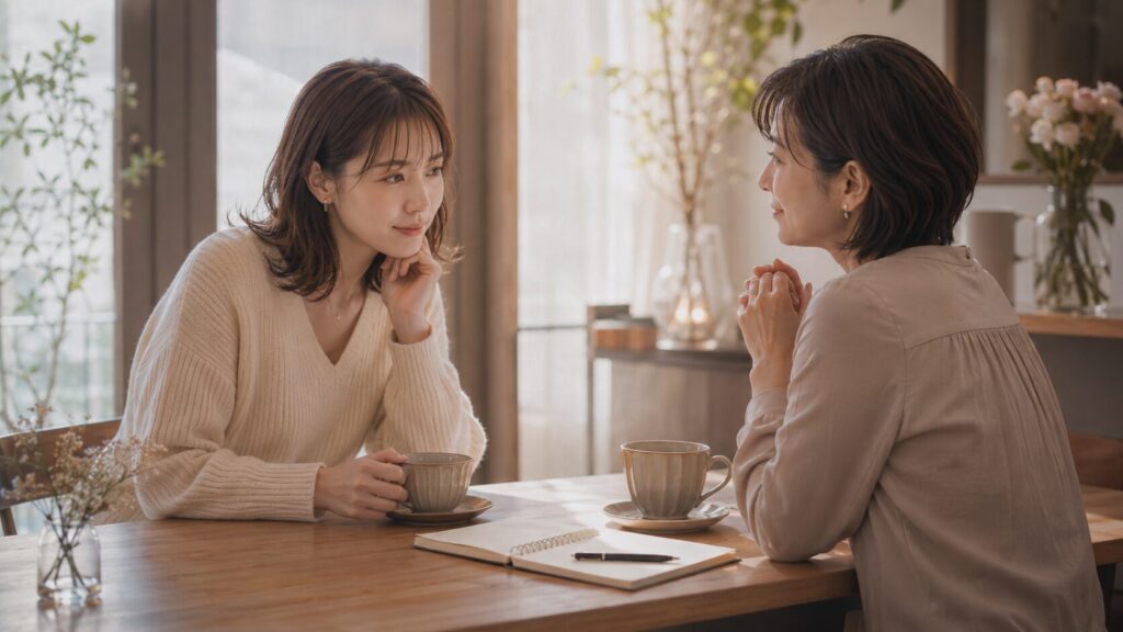 彼氏に不満を伝える前に、カフェで第三者に相談しながら自分の言葉を整理する女性