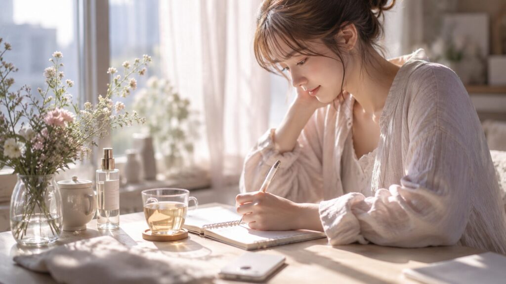 彼氏中心の生活から抜け出すためにノートへ自分の予定を書き出す女性のイラスト