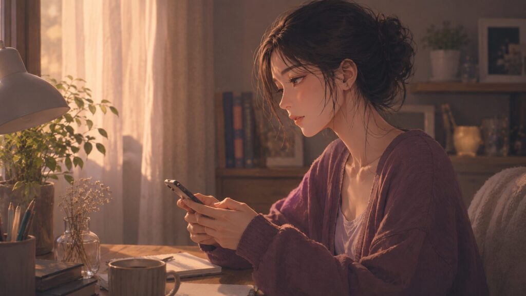 午後のやわらかな光の中で、落ち着いた表情でスマホに言葉を打つ女性