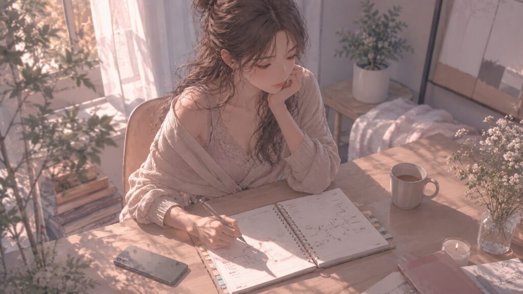 手帳を開いて恋愛の距離感と連絡頻度を冷静に見直す女性のイラスト