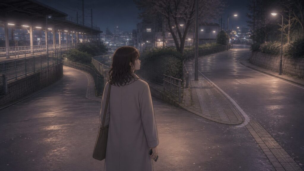 自衛隊の彼氏が忙しいだけなのか雑に扱っているのかを見極めるため、夜の駅前で分かれ道を見つめる女性のイラスト