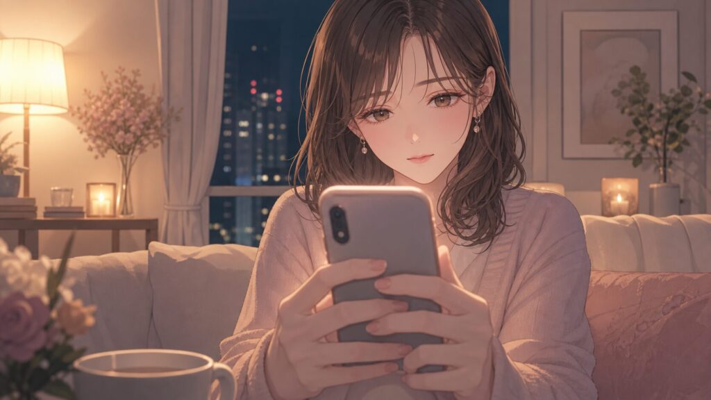 彼氏に送るLINE文面を落ち着いて考え、スマホを持つ女性のイラスト