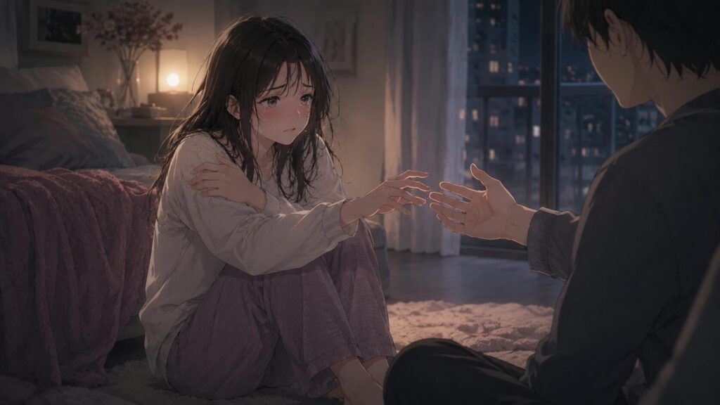 夜の寝室で手を伸ばしながらも不安げにためらう女性と、差し出された男性の手のイラスト