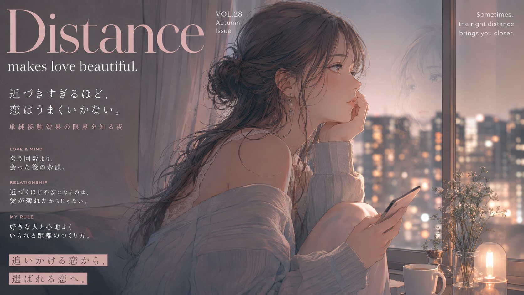 単純接触効果の限界に悩み、夜の窓辺でスマホを手に連絡するか迷う女性のイラスト