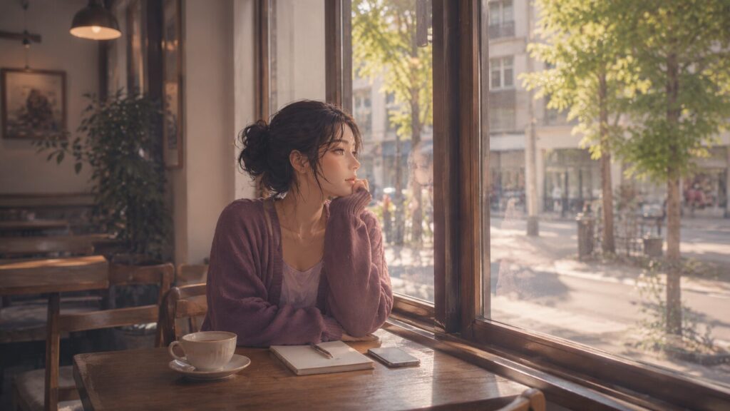 カフェの窓辺でスマホを伏せ、自分の時間を取り戻すように外を眺める女性
