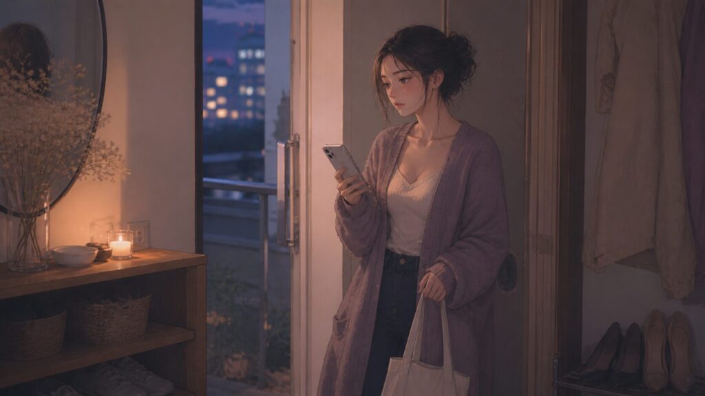 外出前の玄関でスマホを見つめ、急な誘いに応じるか迷っている女性