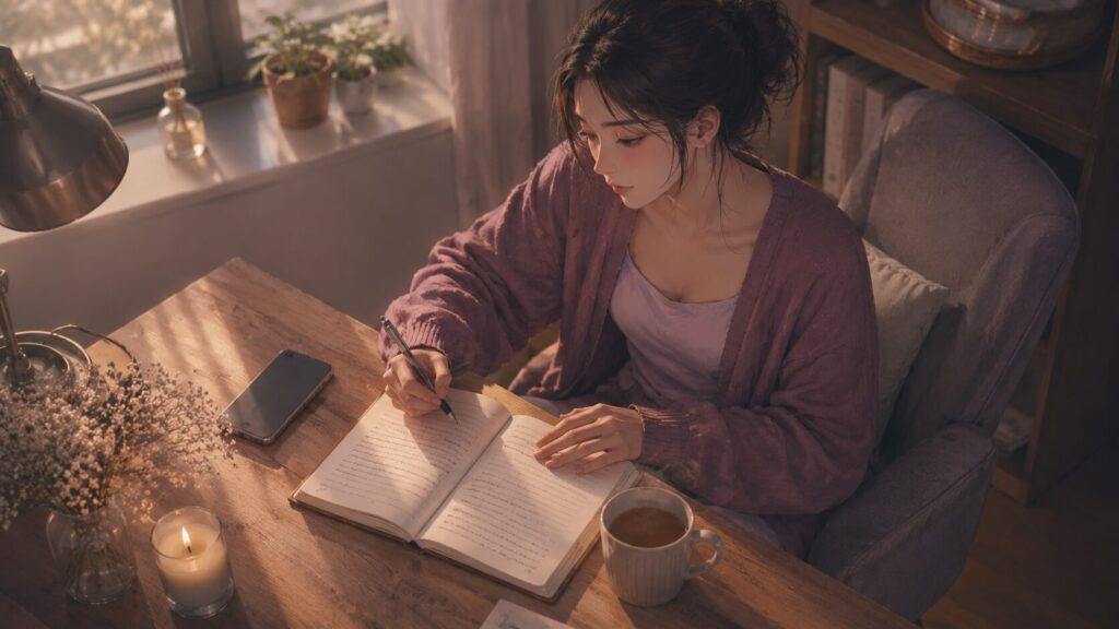 朝の机でノートに気持ちを書き出し、追いすぎていた恋愛行動を整理する女性