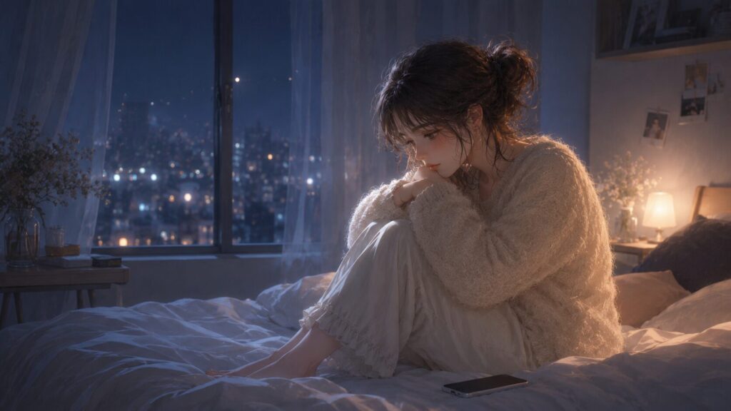 夜の部屋でスマホをそばに置き、返ってこない恋にひとり悩む女性のイラスト