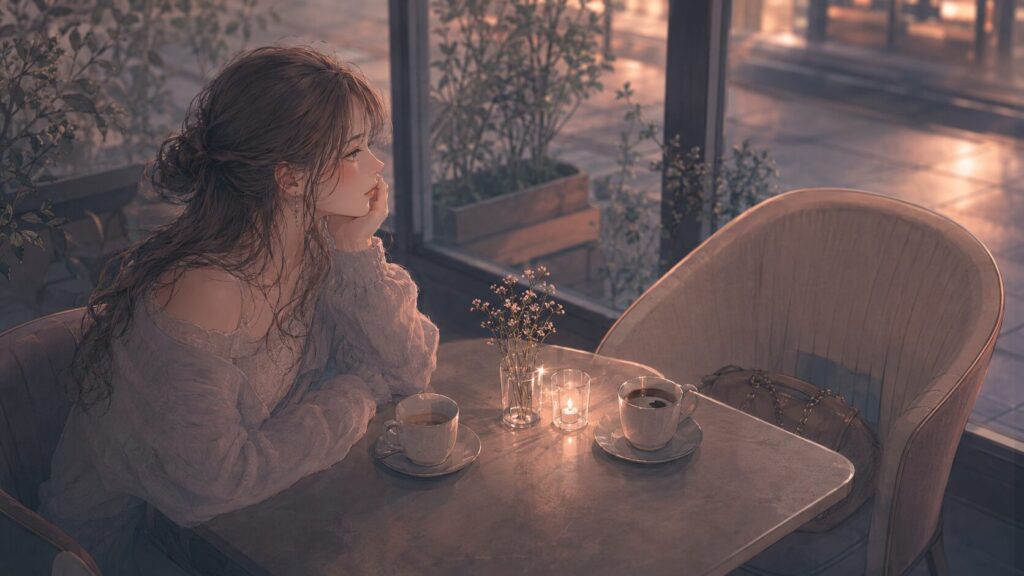 カフェデートの後に空いた椅子を見つめ、会った後の感情を確かめる女性のイラスト